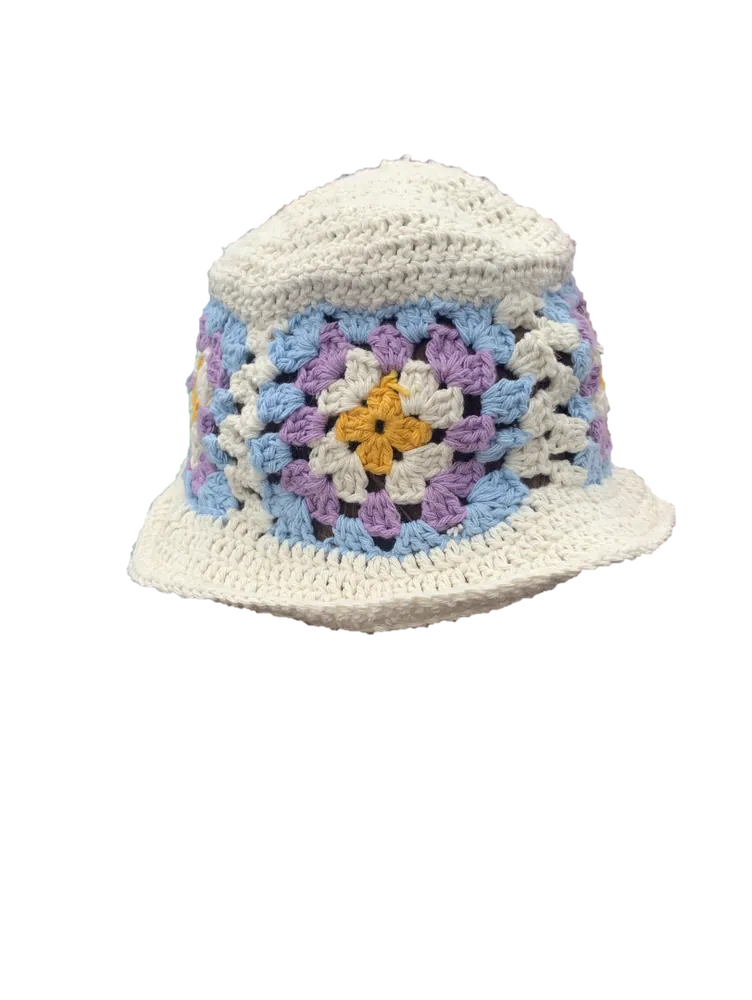 Crocheted cream bucket hat with blue, lilac and yellow granny squares