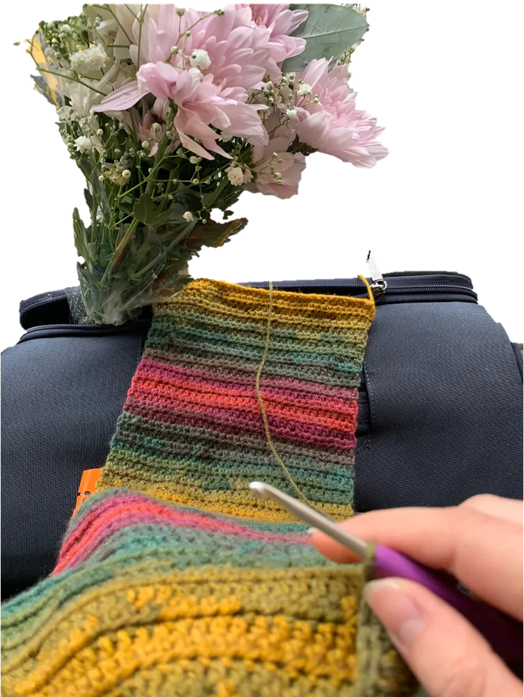 A striped scarf in progress on a crochet hook, beside a bunch of pink flowers